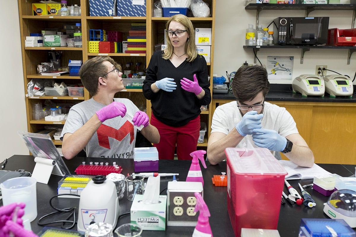 Associate Professor Stacy Donovan helps students in a biology lab at Maryville University
